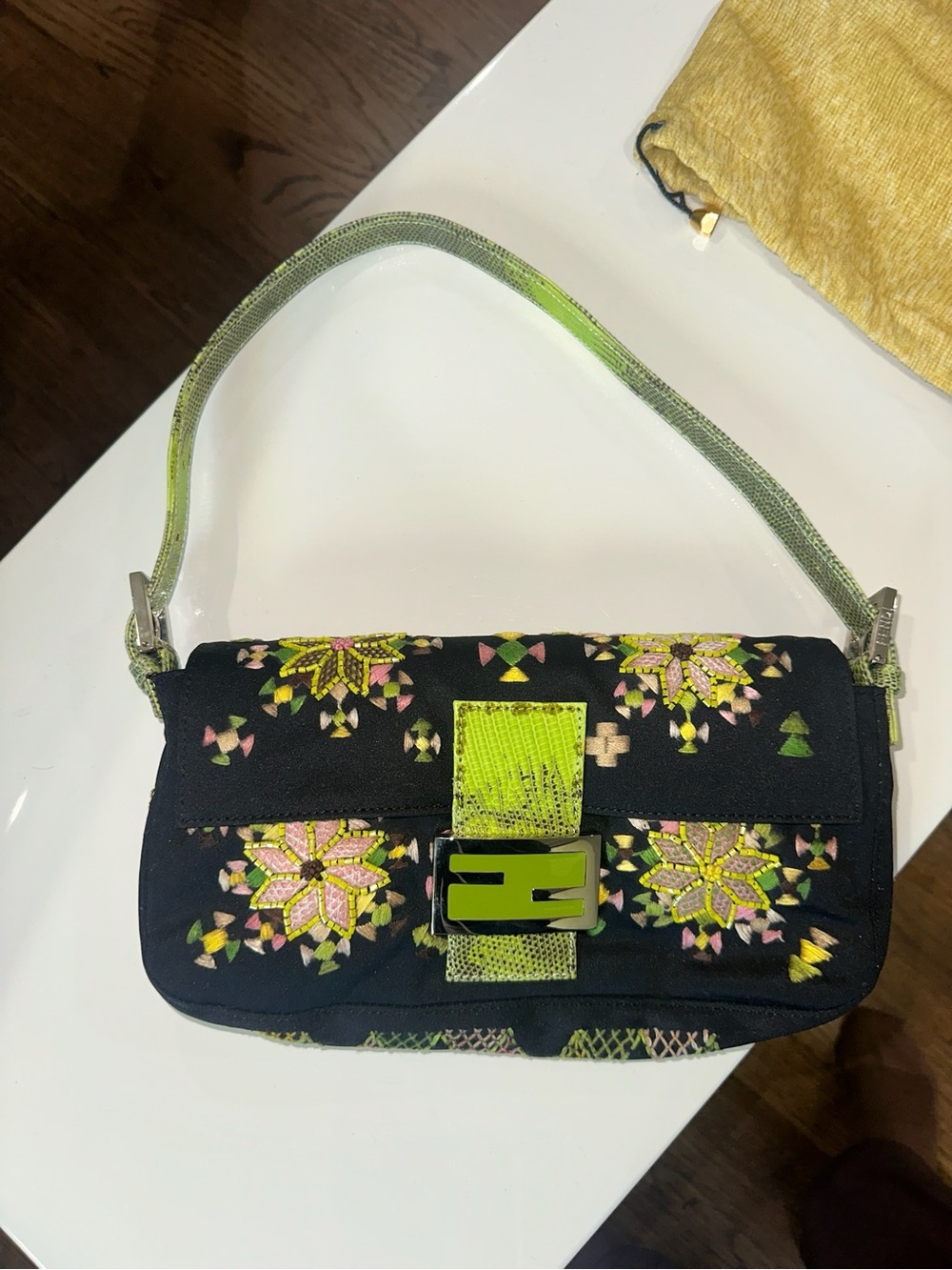 Fendi Black Embroidered Baguette with Lime Green Accents